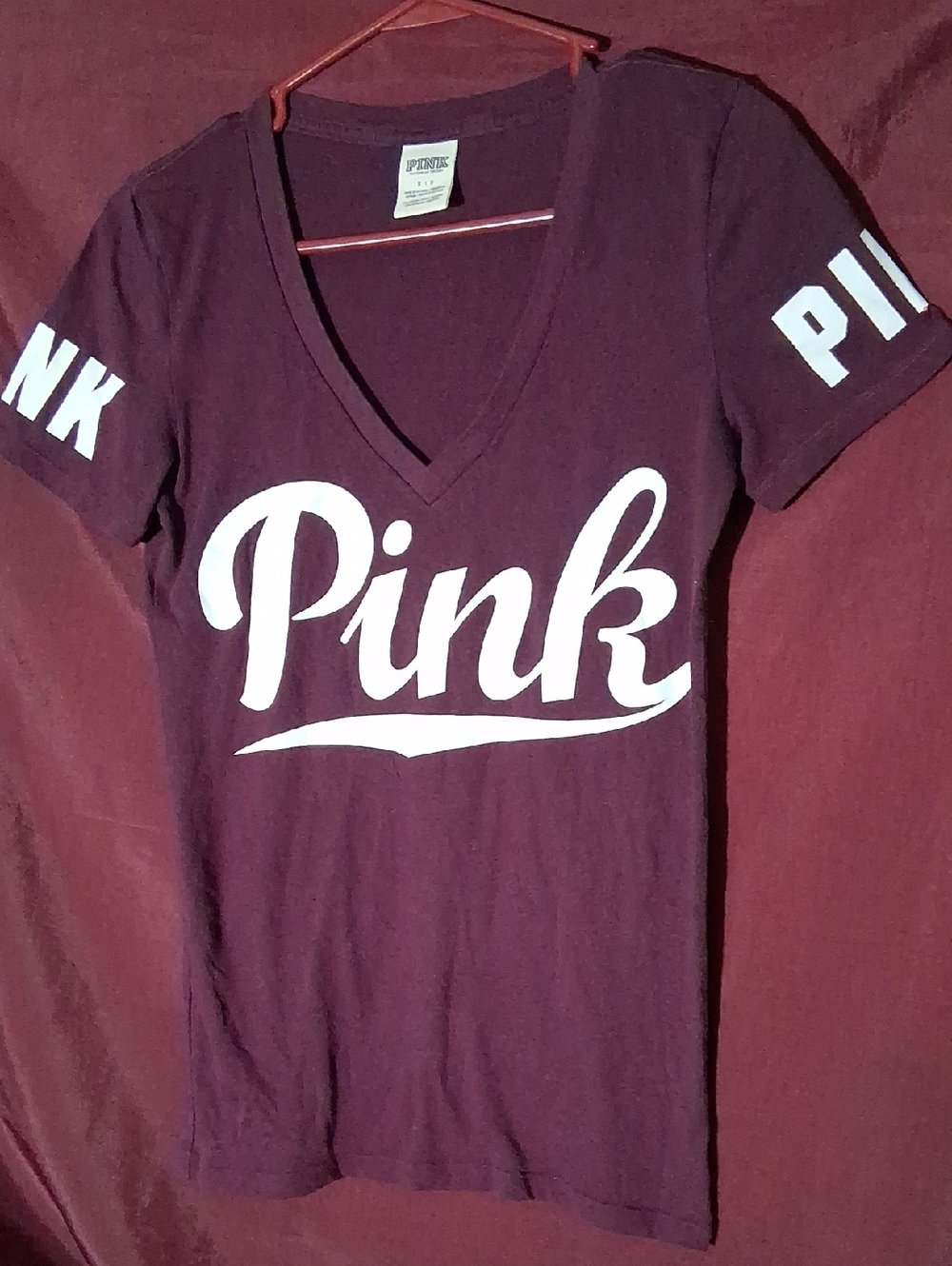 PINK Victoria's Secret Maroon V-Neck Tee with White Logo
